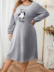 大碼貓熊和字母刺繡法蘭絨睡裙