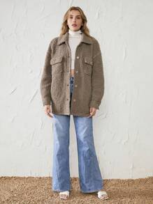 Flap Pocket Drop Shoulder Teddy Coat Fall Cloth For Women - Chocolate Brown - View 5