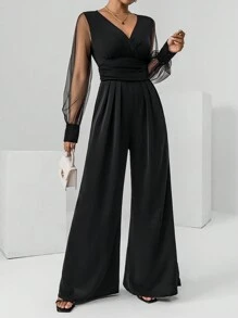 Firerie Contrast Mesh Bishop Sleeve Ruched Waist Wide Leg Jumpsuit - Black - View 1