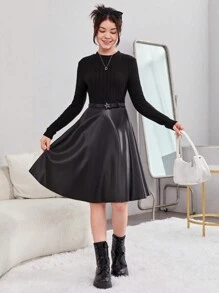 SHEIN 青少年女孩素色條紋針織洋裝不附腰帶 - 黑色 - 查看 4