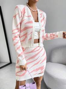 SHEIN LUNE 圖形圖案破洞邊開衫和針織裙 - 粉色 - 查看 6