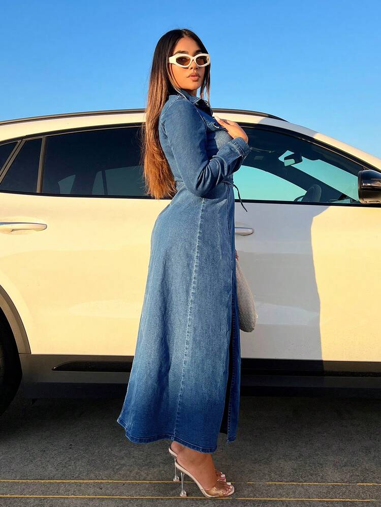 Flap Pocket Split Thigh Belted Denim Dress