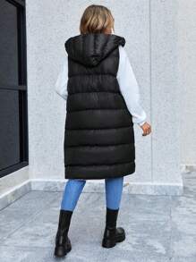 RueChic Two Tone Zip Up Hooded Vest Puffer Coat - Black - View 2