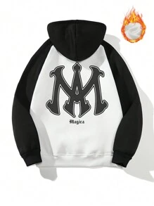 Manfinity Homme Men Letter Graphic Raglan Sleeve Hoodie - Black and White - View 7
