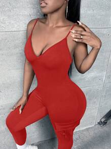 Slaydiva Solid Flap Pocket Cami Unitard Jumpsuit - Red - View 4