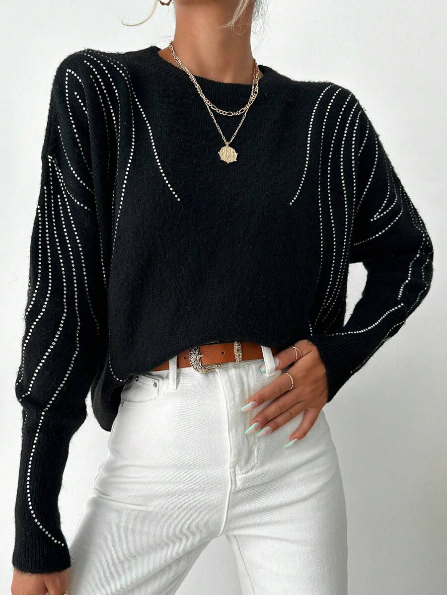 EURMUSE Jersey con patrón de rayas de hombros caídos - Negro - Ver 1