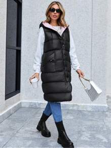 RueChic Two Tone Zip Up Hooded Vest Puffer Coat - Black - View 4