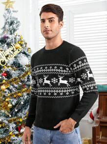 Manfinity VCAY Men Christmas Elk & Geo Pattern Sweater, For Fall Winter - Black - View 5