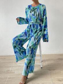 Breezaya Allover Print Belted Wide Leg Jumpsuit