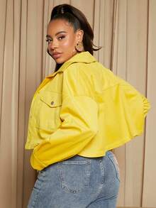 SHEIN SXY Plus Flap Pocket Drop Shoulder Corduroy Jacket - Yellow - View 2