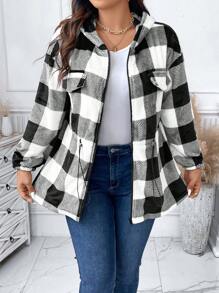 SHEIN LUNE 大碼格紋印花落肩袖腰部抽繩連帽夾克 - 黑與白 - 查看 3