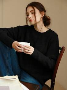 Knit Mix Élégant pull français en tricot pour femme, pull ample à manches longues et col rond, convient pour l'automne/l'hiver, Noël, Thanksgiving, Nouvel An, la Saint-Valentin et autres fêtes, idéal pour la rentrée scolaire et les tenues féminines d'automne - Noir - Voir 5