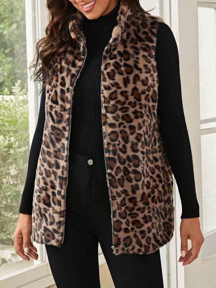 Veste zippée à imprimé léopard, manteau duveteux pour l'automne/l'hiver