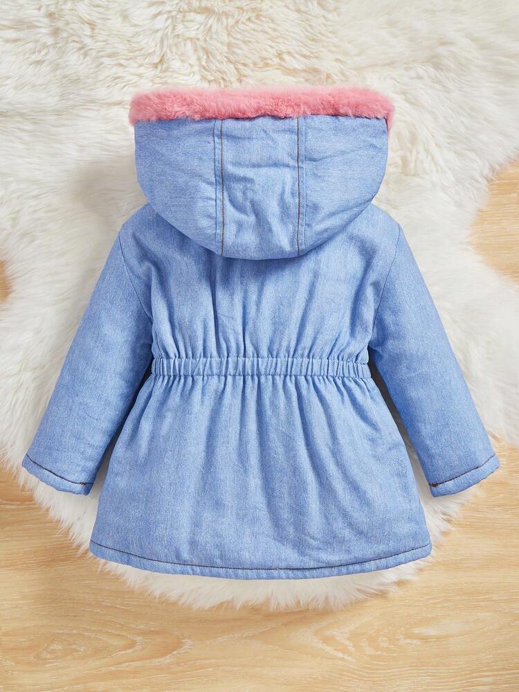 Baby Girl Denim-Effect Print Teddy Lined Hooded Coat