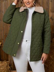 EMERY ROSE Plus Borg Collar Dual Pocket Quilted Coat - Army Green - View 3