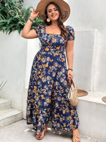 SHEIN VCAY Große Größe Kleid mit Blume Muster, Schlitz, - marineblau - Übersicht 3