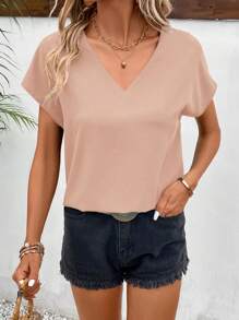 SHEIN Frenchy 素色蝙蝠袖V領襯衫