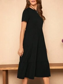 SHEIN LUNE Vestido smock unicolor bajo con fruncido - Negro - Ver 6