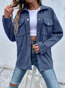 SHEIN LUNE Flap Pocket Drop Shoulder Coat - Dusty Blue - View 5