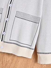 SHEIN Tween Boy Contrast Trim Button Up Cardigan - Beige - View 4