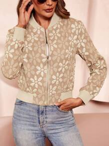 SHEIN Clasi Floral Jacquard Zip Up Bomber Jacket - Khaki - View 5