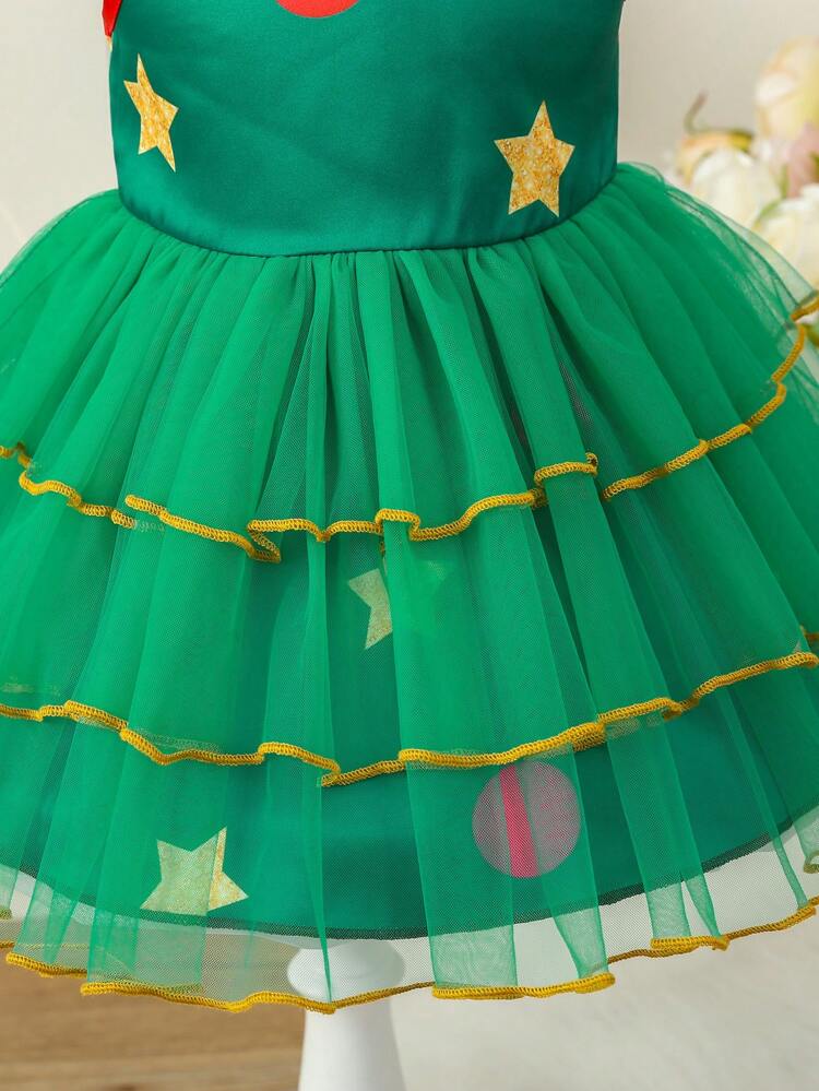 Baby Girl Star Print Mesh Overlay Gown Dress