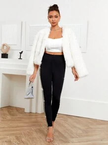 SHEIN Privé 撞色亮片側縫打底褲 - 黑色 - 查看 4