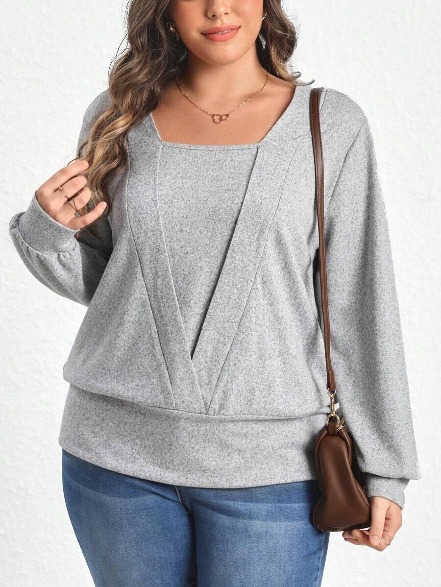 SHEIN LUNE Plus Solid Square Neck Sweatshirt - Grey - View 1