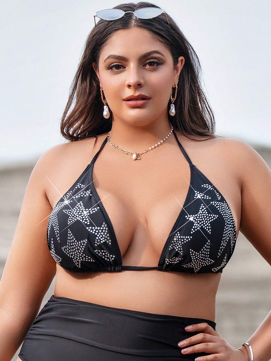 SHEIN Swim Curve 大碼星星水鑽掛脖比基尼上衣 - 黑色 - 查看 1