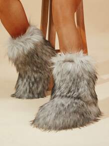 新款保暖时尚休闲人造毛皮靴，女式带衬里雪地靴，中筒长度，适合圣诞节 - 淺灰色 - 查看 2