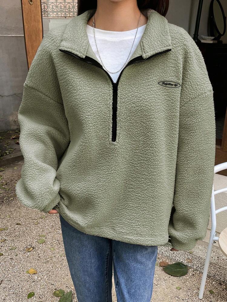 Letter Patched Half Zip Drop Shoulder Teddy Sweatshirt,Long Sleeve Tops,Fall Women Clothes,Thermal Lined