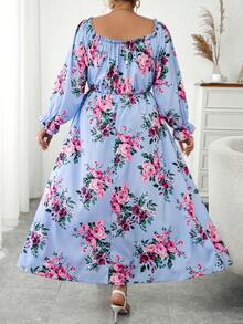 Celure Plus Floral Print Off Shoulder Flounce Sleeve Romper - Blue - View 2