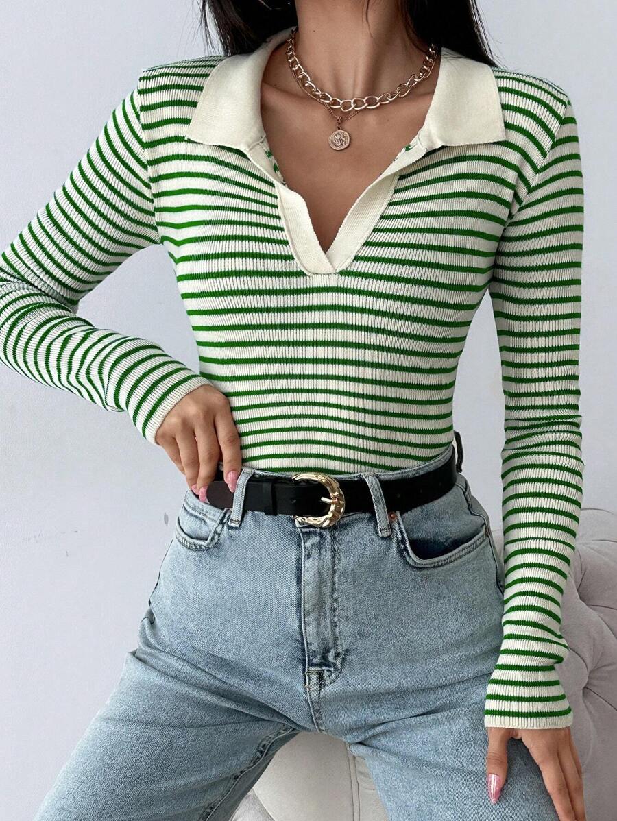 EURMUSE Striped Pattern Sweater - Green - View 1