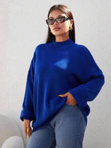 EURMUSE Suéter de cuello alto con hombros caídos talla grande, para invierno - Azul - Ver 3