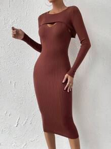 Chiquease Ribbed Knit Sweater Dress & Super Crop Sweater - Coffee Brown - View 5