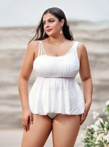 SHEIN Swim Curve 加大不對稱領口裙擺泳衣 - 白色 - 查看 4