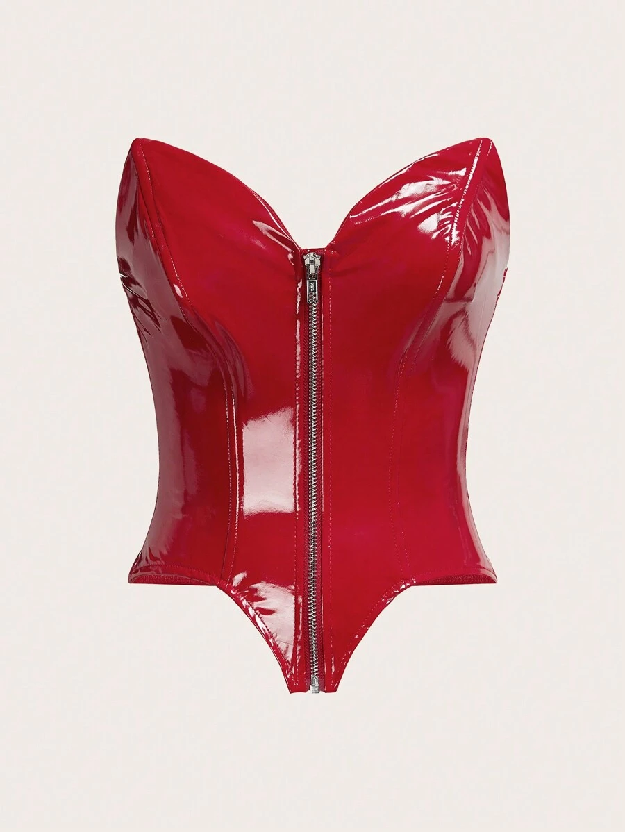 SHEIN ICON Top corsé PU con cremallera - Rojo - Ver 1