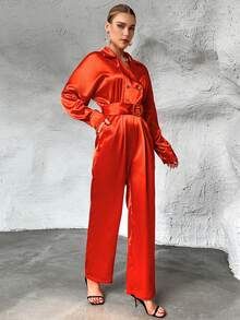 SHEIN Privé 落肩袖腰帶襯衫連體褲 - 橘色 - 查看 6