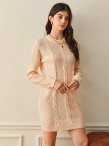 SHEIN Frenchy Solid Cable Knit Sweater Dress Without Belt - Apricot - View 4