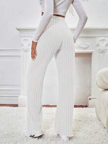 SHEIN Frenchy Pantalones de cintura con nudo tejido de canalé - Blanco - Ver 2