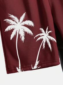 SHEIN Tween Boy Coconut Tree & Letter Graphic Drawstring Waist Shorts - Burgundy - View 3