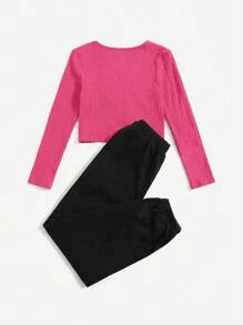 SHEIN Tween Girl Ruched Front Tee & Slogan Graphic Pants - Hot Pink - View 2