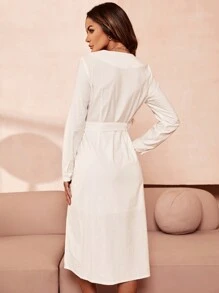 SHEIN Clasi Chất rắn Nút phía trước Thắt lưng Váy sơ mi - trắng - Xem 2