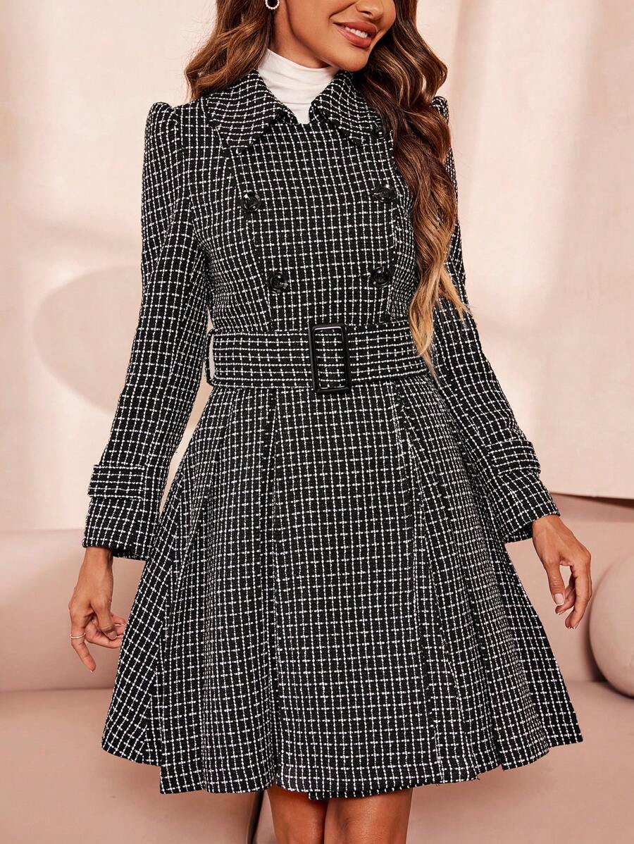 SHEIN Clasi Plaid Double Breasted Belted Tweed Overcoat - Multicolor - View 1