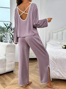 Contrast Binding Top & Split Hem Pants Lounge Set Cozy Outfit, Fall Winter Clothes - Dusty Pink - View 1