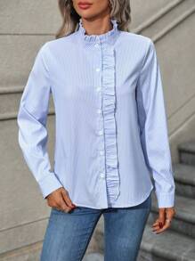 SHEIN Clasi Randigt tryck med volanger med knapp framtill, långärmade toppar