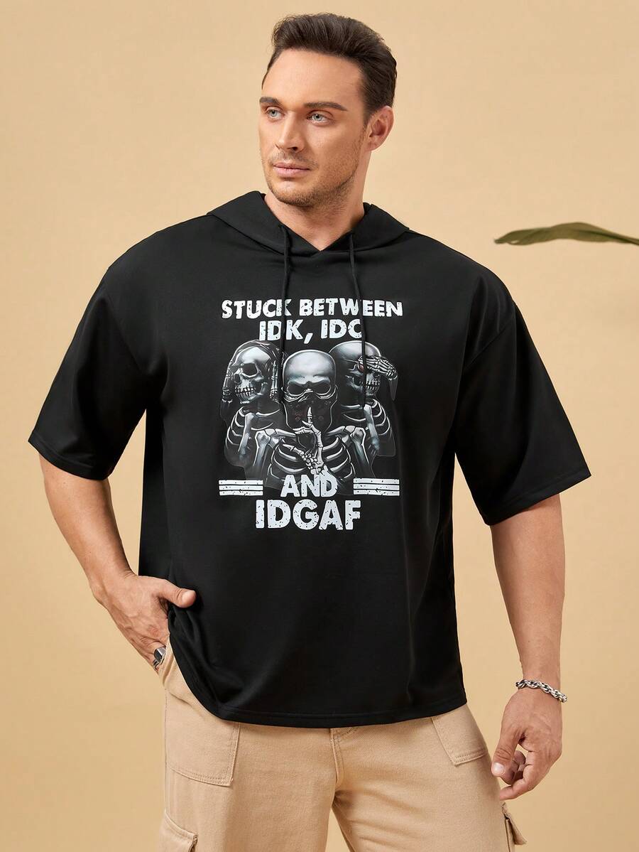 Manfinity LEGND 男士寬鬆抽繩連帽t卹,印有口號和骷髏印花 - 黑色 - 查看 1