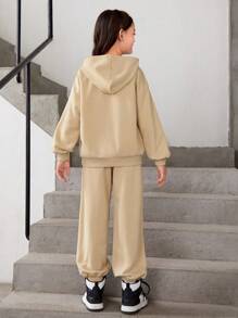 女大童標語圖案落肩袖連帽衫和運動褲 - 卡其色 - 查看 2