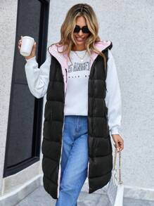 RueChic Two Tone Zip Up Hooded Vest Puffer Coat - Black - View 1