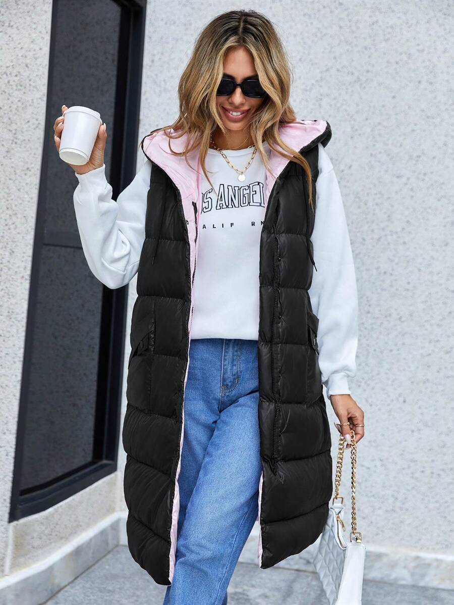 RueChic Two Tone Zip Up Hooded Vest Puffer Coat - Black - View 1